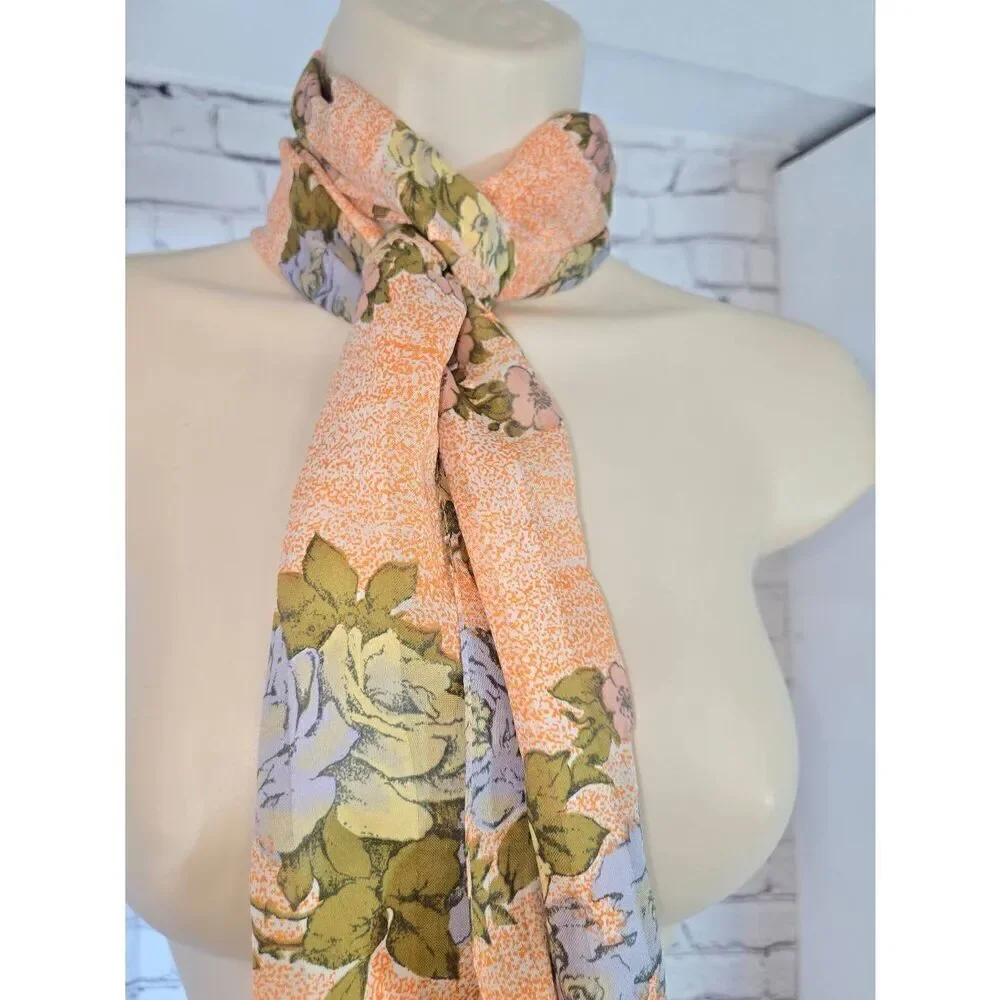 Vintage Womens Orange/Green Floral Rectangle Neck Or Head Scarf